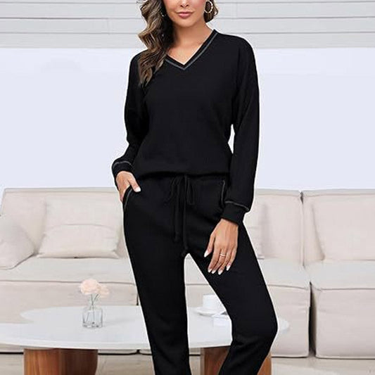 Conjunto de pijama de mujer con cuello en V y tejido tipo gofre