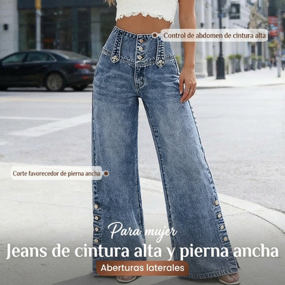 Vaqueros de cintura alta y pierna ancha para mujer con aberturas laterales