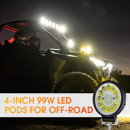 🚗Compra 2 y llévate 1 gratis! 💡 LED Pod 99W 4 Pulgadas - Iluminación Extremadamente Brillante para Todoterreno, Impermeable IP67 y Resistente a Impactos 🏔️🔧