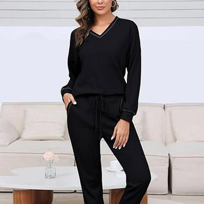 Conjunto de pijama de mujer con cuello en V y tejido tipo gofre